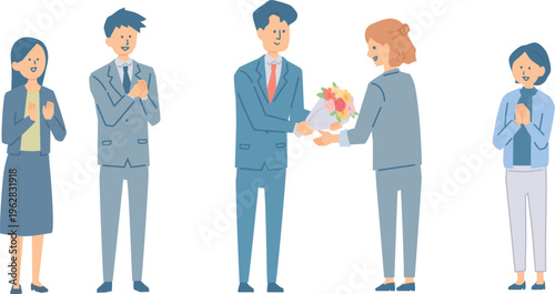 花束を渡して祝う社員たちの全身イラスト