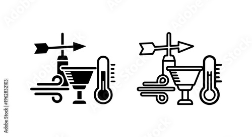 Weather icons: wind, thermometer, and wind vane, black and white outline
