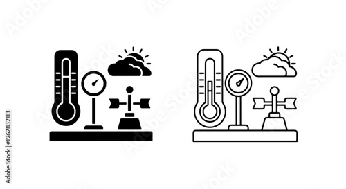 Weather icons: thermometer, barometer, and wind vane with sun and cloud