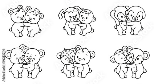 Cute cartoon animals hugging pairs of friends showing affection and love
