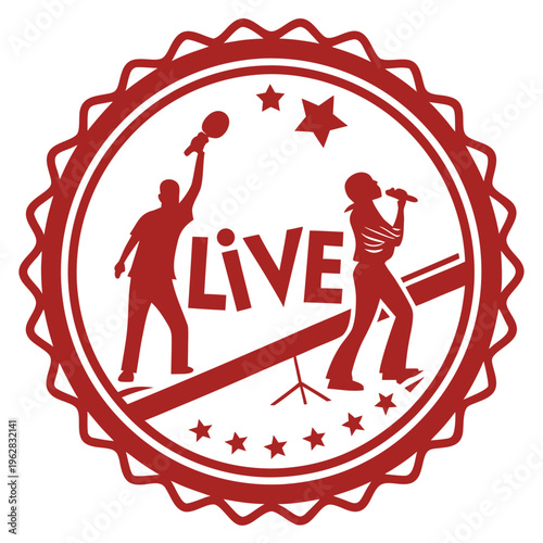 Live music performance icon featuring two singers on stage with microphone and percussion instrument for concert or festival event concept
