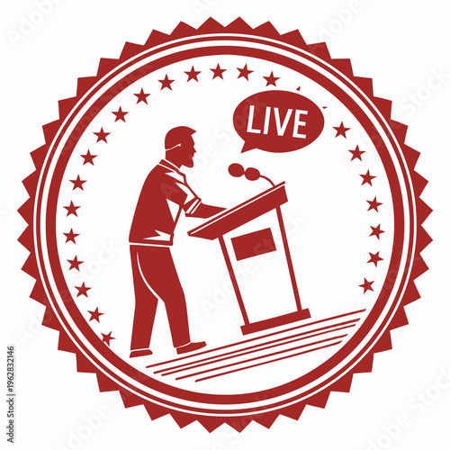 Red live label, sticker, icon, or badge with a speaker at podium speaking into microphones, isolated on white background