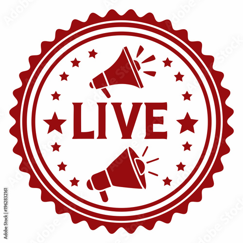 Red live streaming stamp with megaphone icons and stars emblem for broadcasting event promotion digital marketing media advertising and publicity