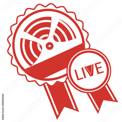 Live audio recording emblem with reel to reel tape player and ribbons signifying vintage sound archive or music production studio concept
