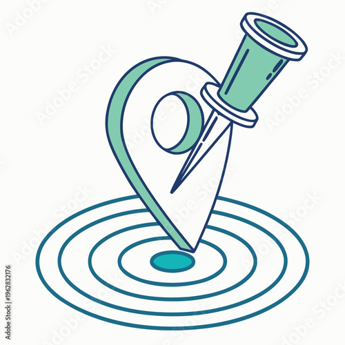 Isometric location pin with pushpin icon over circular map target for navigation travel positioning global search and place identification services