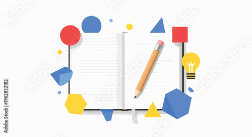 Flat lay of an open notebook with a pencil surrounded by colorful geometric shapes and a lightbulb on a white background, conveying creativity and inspiration for writing.