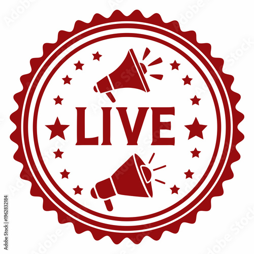 Circular red live broadcast seal featuring megaphone silhouettes and stars for social media marketing online events and digital communication tools