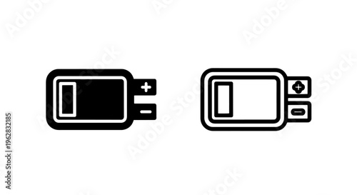 Battery connector icon with plus and minus symbols, energy storage technology