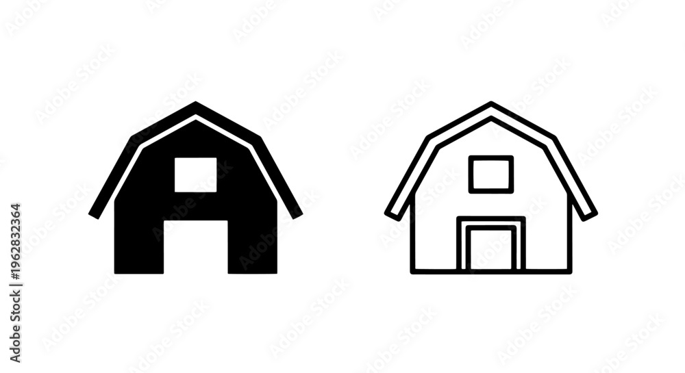 Fototapeta premium Barn icon silhouette and outline set, farm house symbol