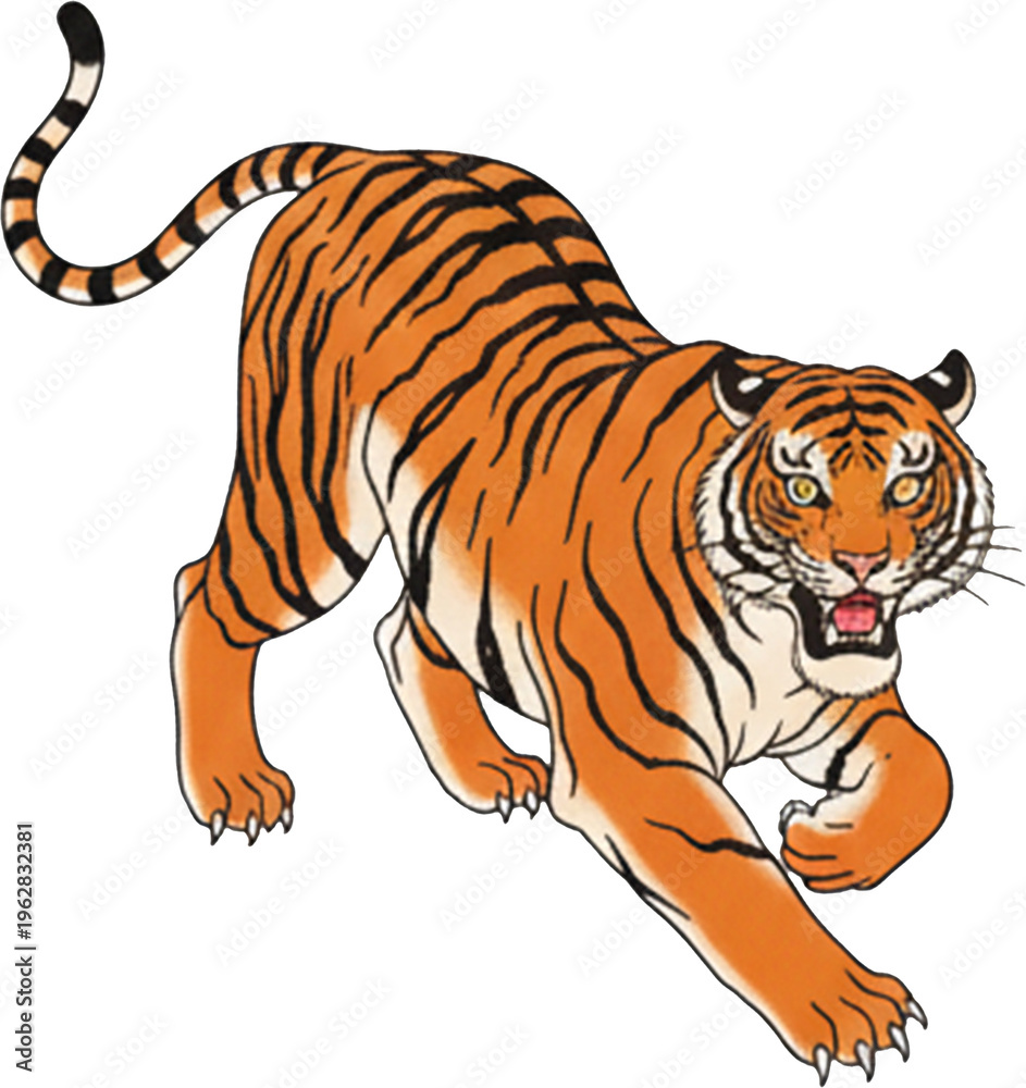 Obraz premium Fierce orange tiger with blue eyes and black stripes in dynamic stalking pose.