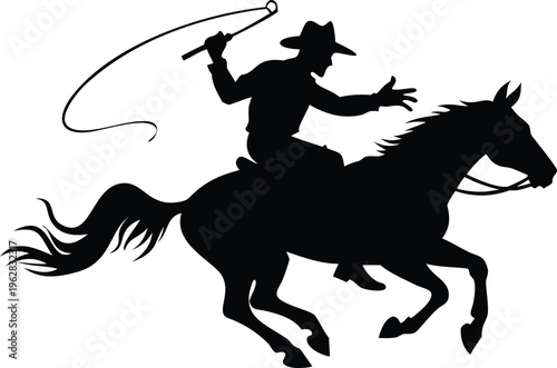 Silhouette of a cowboy on horseback wielding a lasso