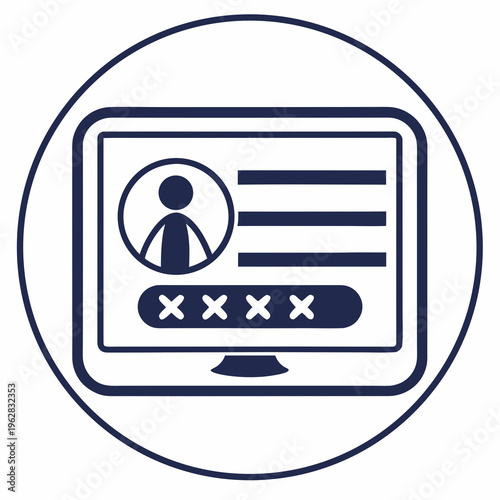 Computer screen showing user profile login interface with password field and avatar symbol inside a circular border representing account security