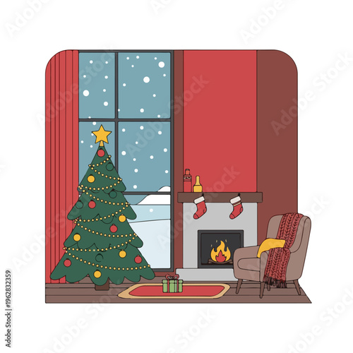 Cozy Christmas interior with tree, fireplace, and armchair