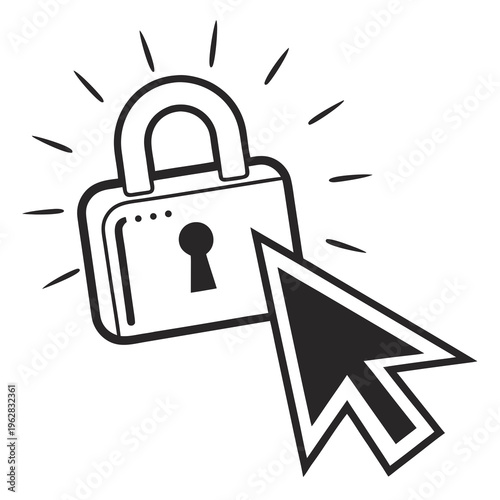 Computer mouse cursor clicking on a shining padlock icon representing cyber security online safety and website protection measures in vector format