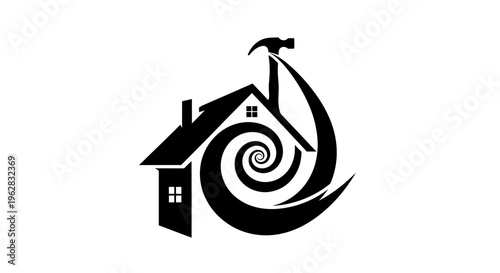 Professional Roofer Carrying a Large Hammer on House Roof Silhouette, Residential Construction and Repair Service Concept, Expert Handyman and Home Improvement Illustration