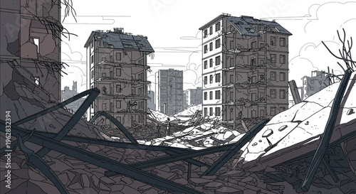 An apocalyptic illustration of a destroyed city showing heavily damaged buildings, scattered debris, and a desolate atmosphere, symbolizing profound urban destruction.