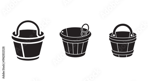 Set of three black bucket icons with handles in different views for business or industry use  simple line art style