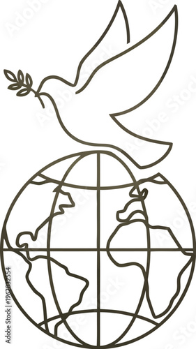 Minimalist line art icon depicting a dove carrying an olive branch above a simplified globe representing global peace and unity concepts.