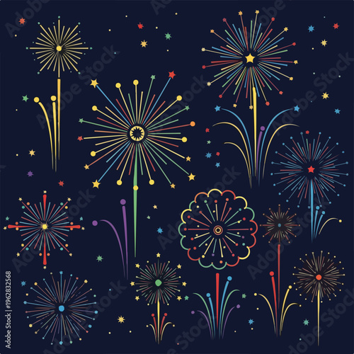 Colorful, stylized illustrations of fireworks and stars against a dark blue background