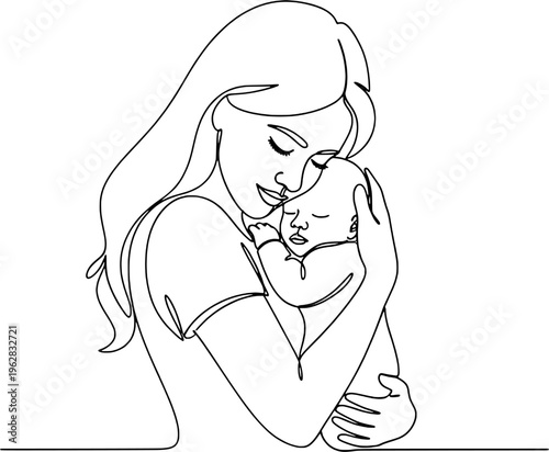 Continuous one-line drawing of mother and baby, minimalist emotional connection vector, "Created with AI assistance and manually refined."