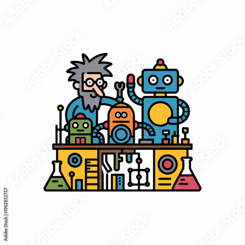 Eccentric scientist character working on friendly robots in a colorful laboratory workshop environment with laboratory glassware and technical tools in flat vector art