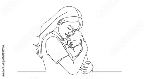  Elegant single line art of motherhood, modern nursery decor illustration, "Created with AI assistance and manually refined."