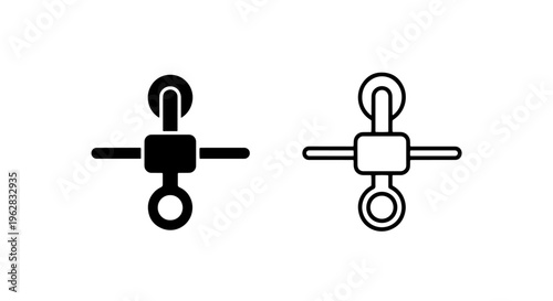 Swivel snap hook connector icon, black and white pair, isolated vector graphic