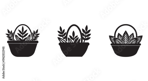 Set of three black silhouette illustrations of baskets with plants leaves inside on white background