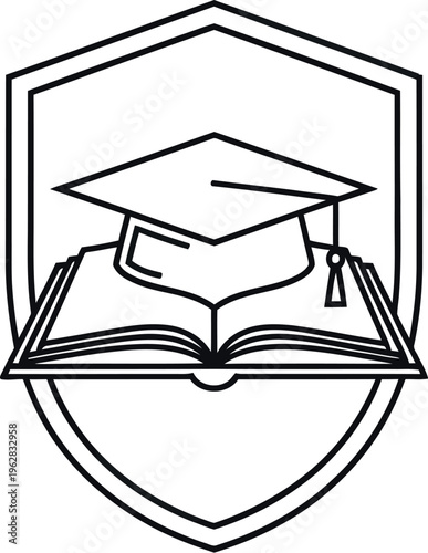 A minimal line art illustration featuring a graduation cap on an open book, symbolizing academic excellence, knowledge, and educational achievement within a protective shield emblem design.