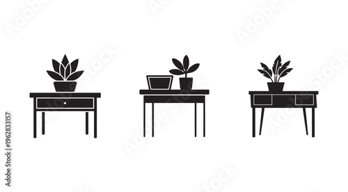 Set of three black silhouettes of modern nightstands with potted plants on top isolated on white background