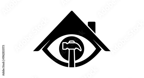 All-Seeing Eye with Hammer and House Roof Silhouette, Concept of Visionary Construction and Professional Home Inspection, Expert Building Oversight and Architectural Maintenance Illustration