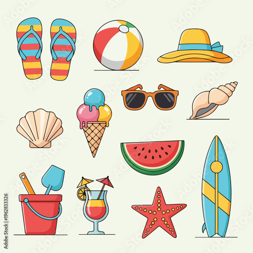 Colorful summer-themed cartoon illustrations, showcasing various beach essentials