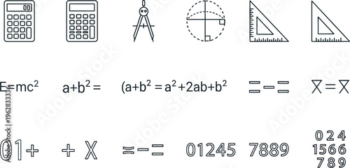 A collection of simple black outline icons representing various mathematics tools formulas and numerical concepts for design projects.