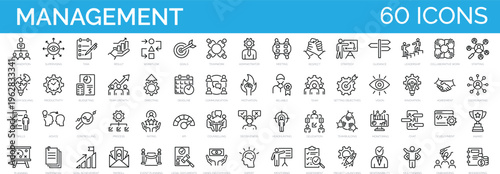 Management Icons Set – Leadership, Strategy, Planning, Productivity & Business Process Line Icons Collection