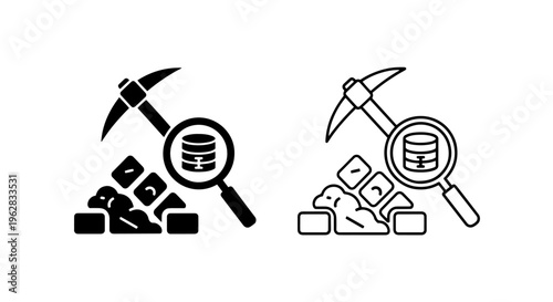 Data mining and database icon with pickaxe and magnifying glass