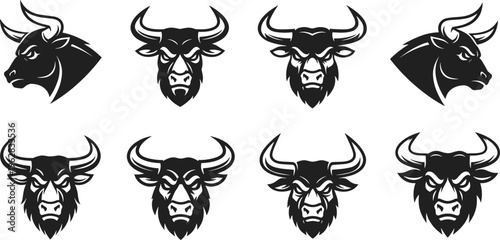 Bull head mascot vector set featuring aggressive buffalo and taurus silhouettes for sports team logos gym branding and muscular livestock graphics