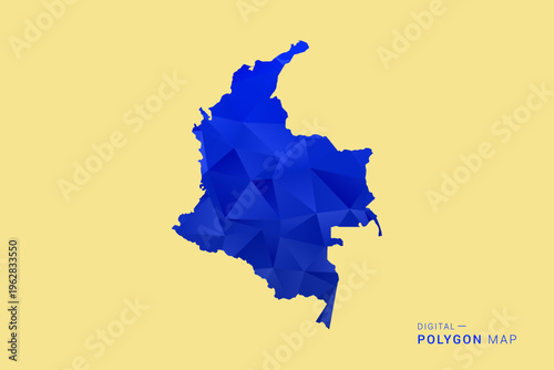Colombia Map - Low poly polygon map in deep blue gradient on soft beige background, modern minimal geometric design, clean abstract vector illustration with faceted triangulated style.
