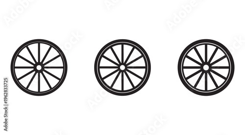 Set of three identical wagon wheel icons in black color on white background for design and illustration purposes  simple and classic