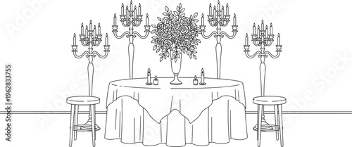Elegant banquet table vector illustration with rose centerpiece tall candelabras and stools for wedding reception event decor and coloring book