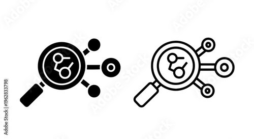 Data analysis icon: magnifying glass over network connection