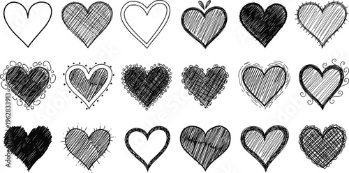 Hand drawn heart doodle vector collection with black ink sketch style for valentines day wedding invitations and romantic decorative graphics