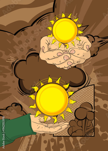 Cartoon, comic book human hands holding Sun. Retro vector comics pop art design.