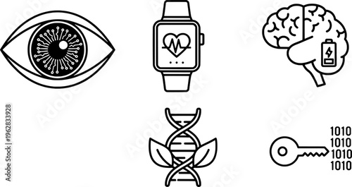 Minimalist bio-hacking and digital health icon set, future tech-health vector, "Created with AI assistance and manually refined."
