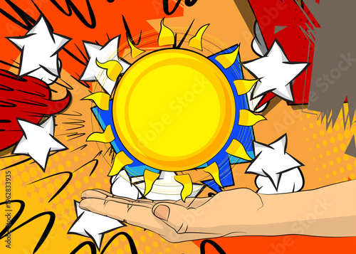 Cartoon, comic book human hands holding Sun. Retro vector comics pop art design.