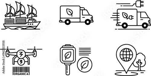 Set of 5 sustainable global logistics icons, green delivery and shipping vector, "Created with AI assistance and manually refined."