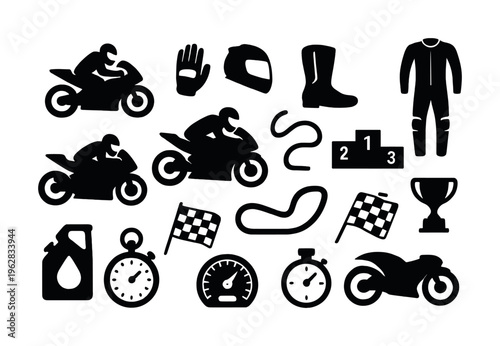 Silhouettes of motorbike racing gear and icons set