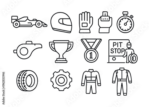 Outline icons of race car, helmet, trophy, and pit stop in motorsport set