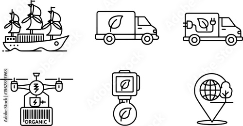 Clean outline eco-friendly shipping and supply chain symbols collection, "Created with AI assistance and manually refined."