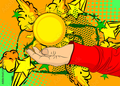 Cartoon, comic book human hands holding Sun. Retro vector comics pop art design.
