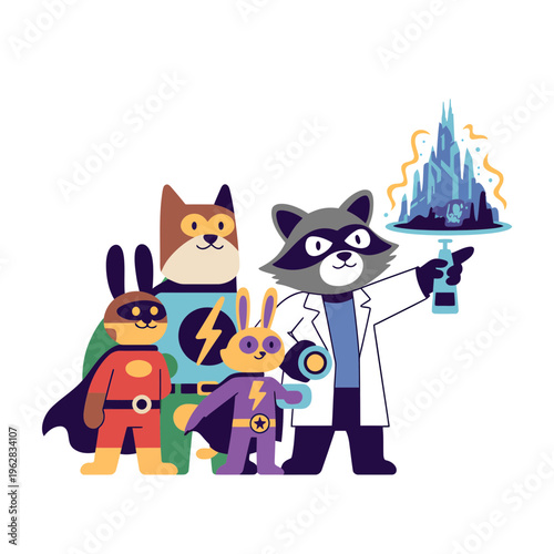 Group of cute animal superheroes standing together with a scientist raccoon holding a glowing magical crystal castle illustration for children and creative education projects